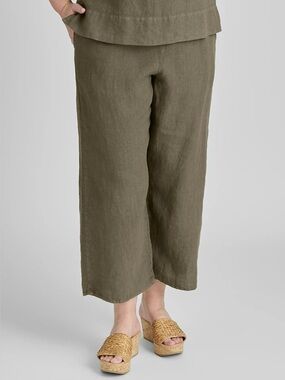 FLAX Floods Linen Pants Small Olive Green Elastic Waist Cropped Wide Leg Natural